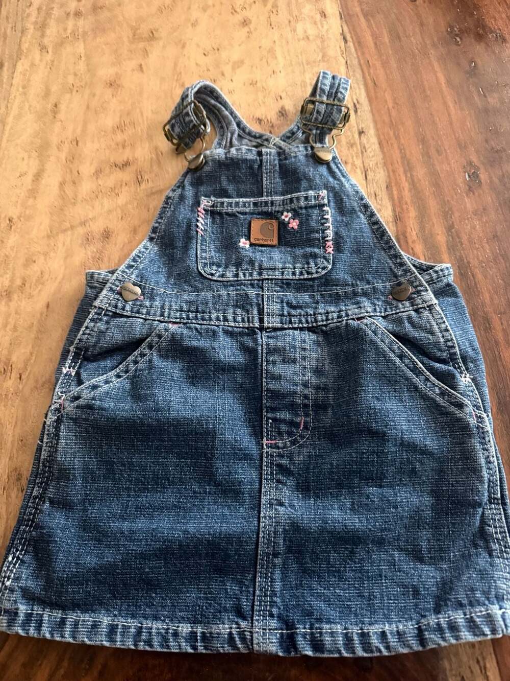 Carhartt Toddler Girl's Denim Overall Dress with Floral Embroidery, Size 18M